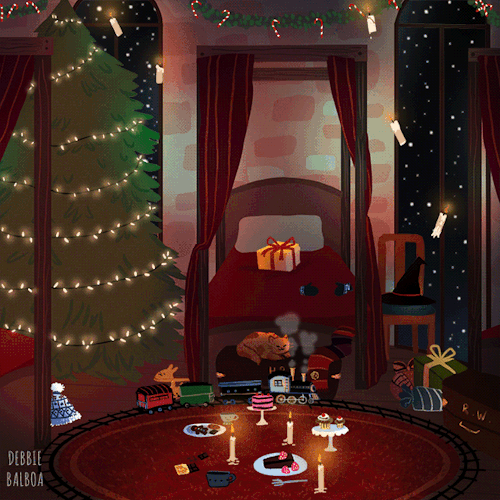 debbie-sketch:Hogwarts Houses rooms in the Holidays season ヾ☆*。