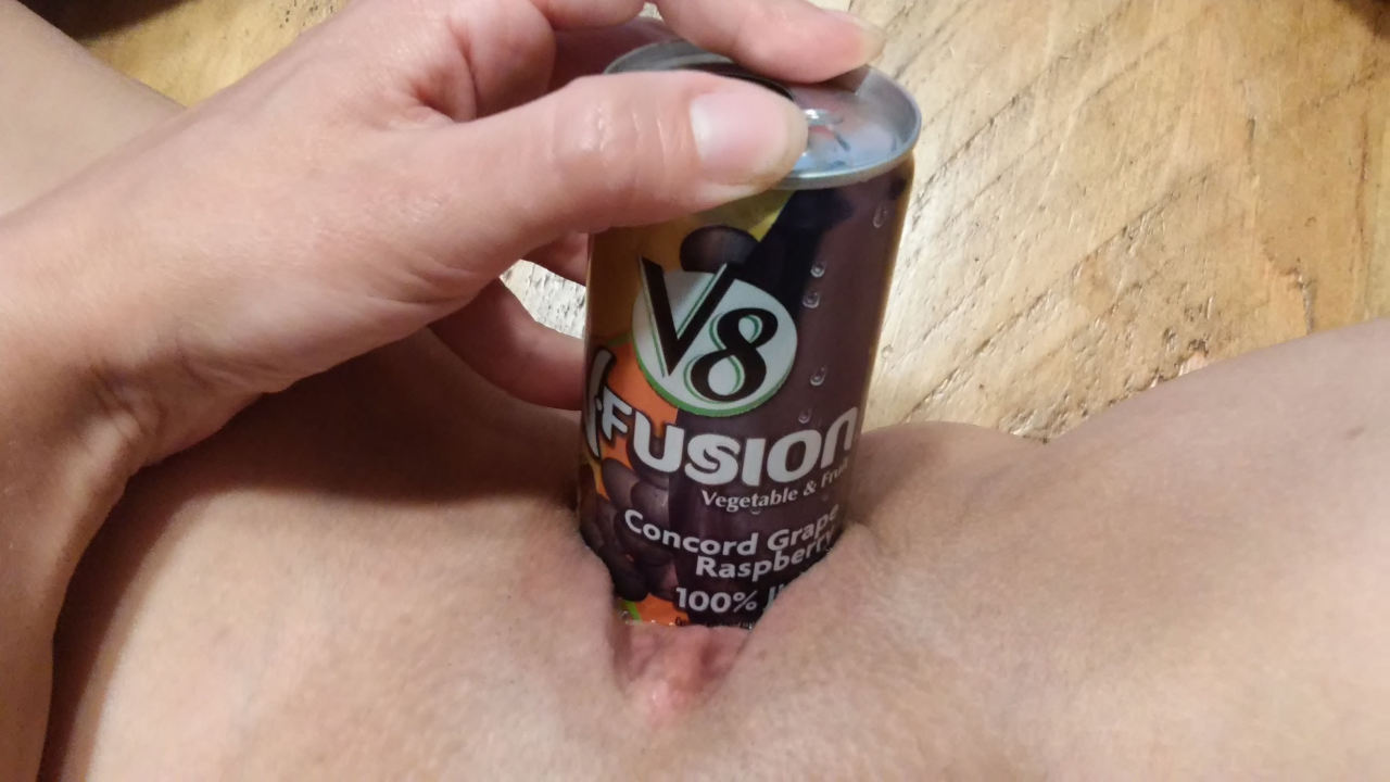 klrspussy:  Squeezing a V8 can into my pussy as a reward for a special follower!