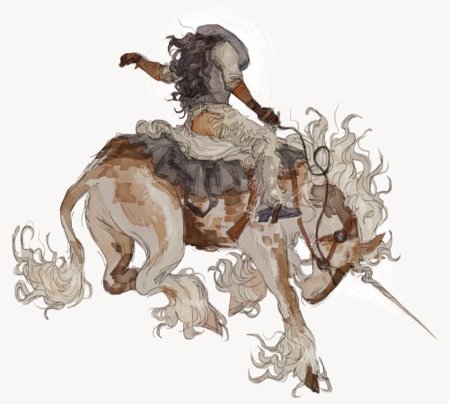 A digital drawing of a cowboy riding on a unicorn. The unicorn is bucking, horn pointed toward the ground as the cowboy hangs on, balancing with a hand thrown back. The drawing is done in light, slightly desaturated browns and blues, in a watercolor-like style.