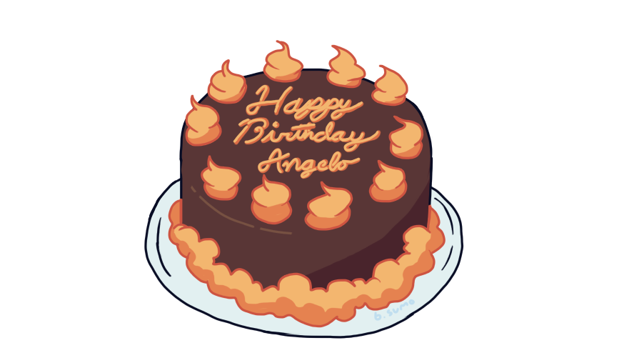 Image: A small chocolate cake with orange icing that reads ‘Happy Birthday Angelo.’