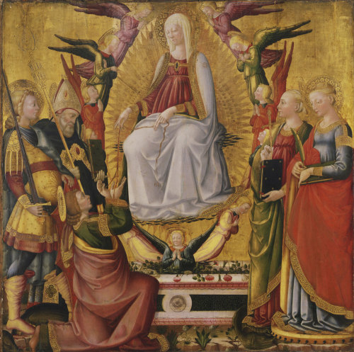 philamuseum:  This panel shows the Virgin Mary lowering her belt to Thomas from Heaven to convince him that she has been lifted there after her death. Discover why this story was chosen for the altarpiece, during our Spotlight Gallery Conversations this