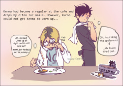 chiihun:  i apologize for this terrible joke. (;￣ー￣川 it felt like something kuroo would say lololkenma, you will lose to him….soon…………Cafe Karasu - KuroKen Pt 1 HERECafe Karasu - KuroKen Pt 3 HERECafe Karasu - AsaNoya Pt 1 HERECafe Karasu