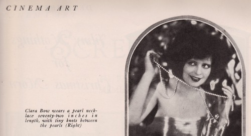 Clara Bow wears a pearl necklace seventy-two inches in length, with tiny knots between the pearlsCIN