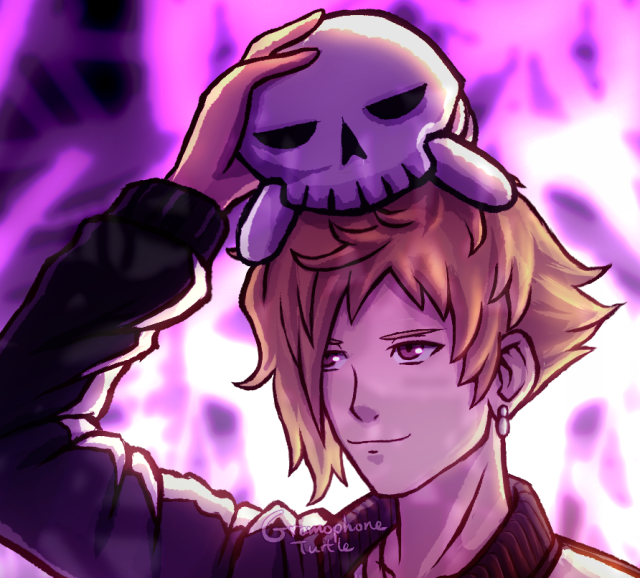 Close up of Hazuki Mikagi balancing a doll of a human skeleton on his head. He's amused by the doll. The picture is in tones of purple, pinks and red, with the lighting coming from behind Hazuki from some glowing abstract design.