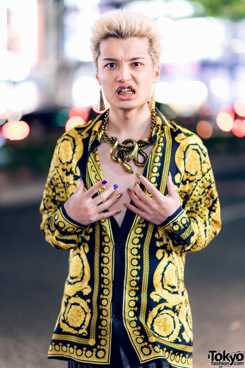 tokyo-fashion:Japanese college student Shun on the street in Harajuku wearing a Versace baroque prin