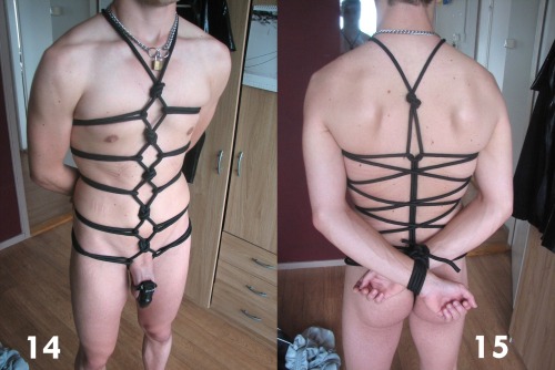 g-spot-licker:  scoutpupp:  gayboykink:  the-kinky-bf:  Rope tutorial #1:For this harness, use a rope that is +/- 12-15 meters. 1. Find the middle of the rope and tie two knots from there on: get a small loop at the end and the space between the two knots