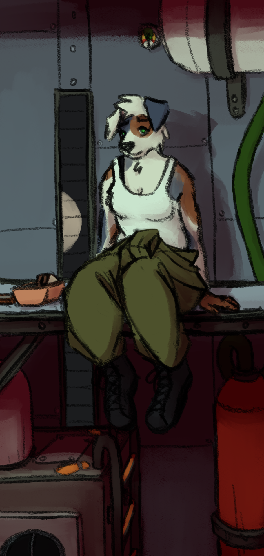 A drawing of an australian shepherd sitting on a platform in a space ship. Beside her is a lunch box with a sandwich in it. Surrounding her are various machines and parts.