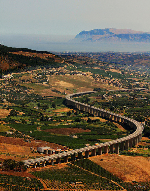 The highway viaduct seen from the temple of Segesta in Sicily, Italy (by Robyn Hooz).