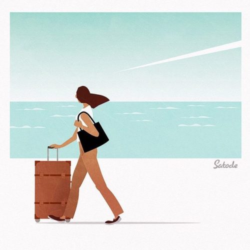 夏に一人旅する女性。爽やかな海に期待です。PIXTAにて販売中 #女性#旅#一人旅#イラスト#トランク#バケーション#海#イラスト販売#夏#飛行機雲#バカンス#ビジネス#絵#デザイン#ポスター#広告#