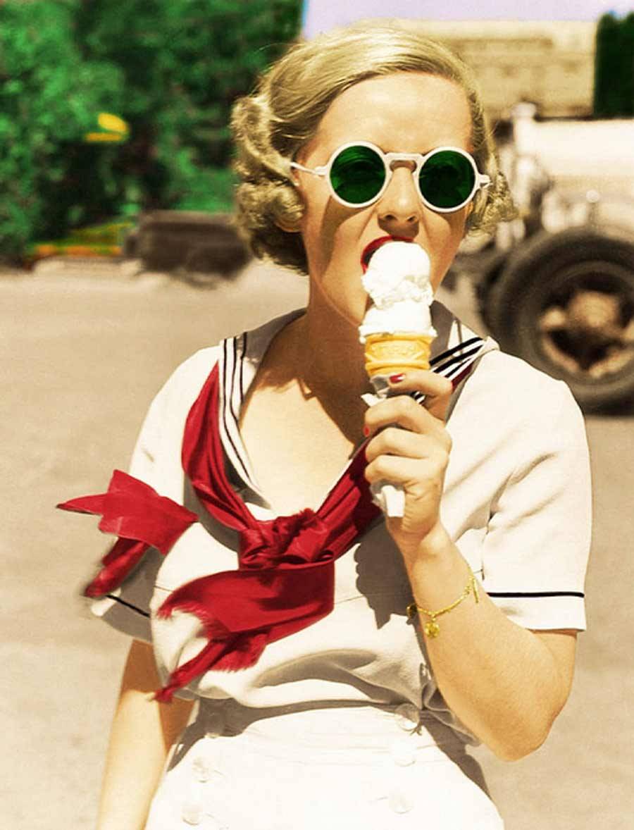 It’s Summer Solstice, so have some ice cream to cool down!  Bette Davis enjoys her ice cream cone with a double scoop 