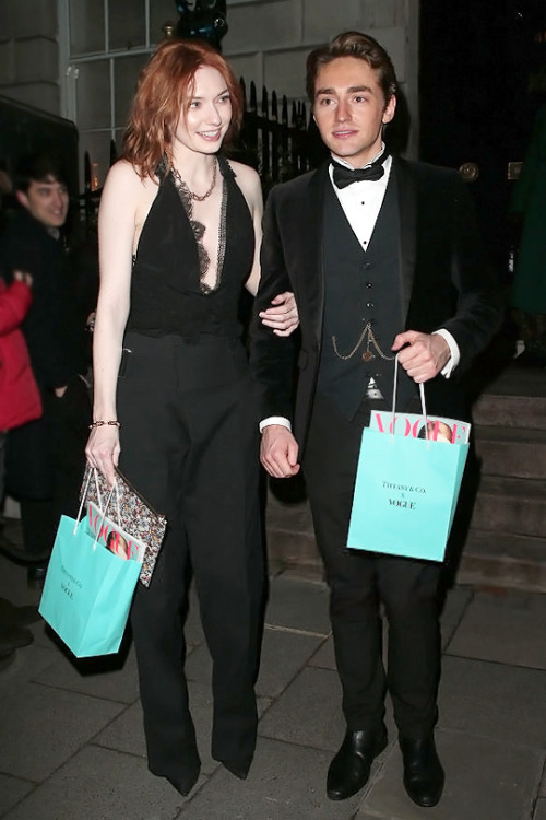 Ross Tomlinson and Eleanor Tomlinson wearing Tiffany & Co. attend the British Vogue and Tiffany 