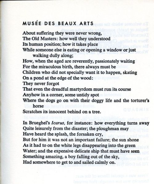 - W. H. Auden, Musée des Beaux Arts, 1939- (After?) Pieter Brueghel, The Fall of Icarus, Oil-tempera
