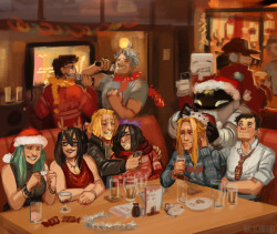 malacandrax: Prompt–Do all the Pro Heroes get together for some big Christmas party or something? Or is it just a you, Aizawa, and All Might kind of thing? Everyone crams into a bar and gets waaaay too drunk, all the students are  home and safe and
