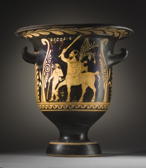 The centaur Chiron, accompanied by a satyr.  Side A of a red-figure bell-krater attributed to the pa