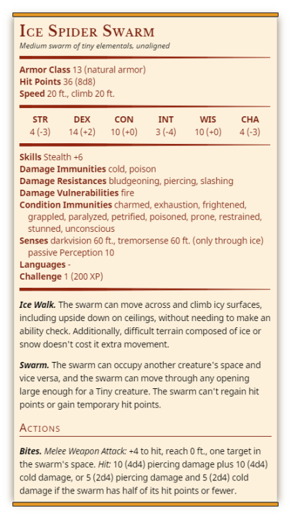 paperanddice:  Ice SpiderLarge elemental, unalignedArmor Class 16 (natural armor)Hit Points 60 (8d10