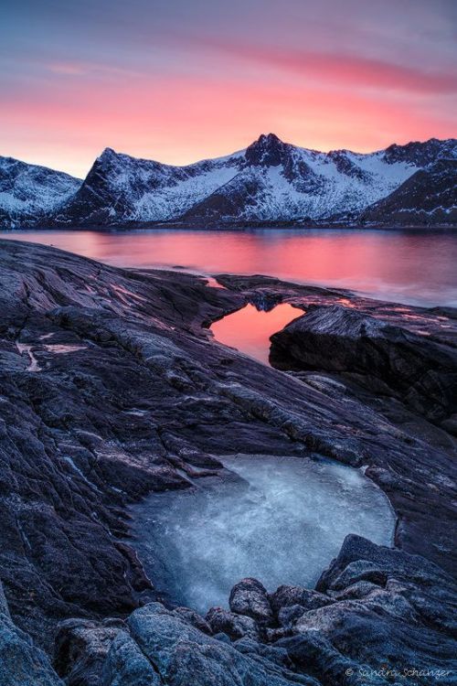 Fiery sunset colours on a icy day at mighty Senja (Norway) ~ by Sandra Schaenzer