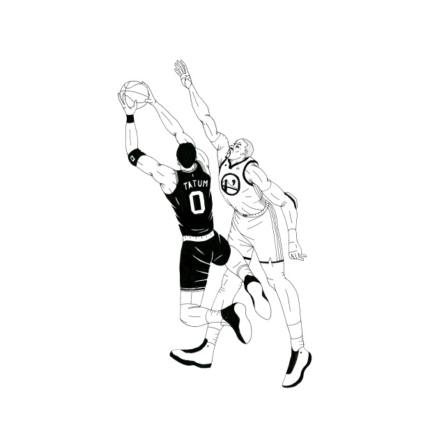 Jayson Tatum of the Boston Celtics takes a jump shot and Andre Iguodala of the Golden State Warriors attempts to block his shot in Game 1 of the 2022 NBA Finals.