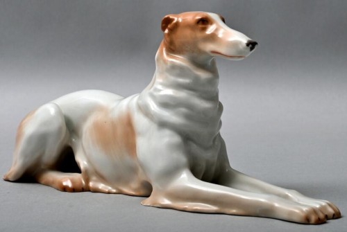 grayghostofthenorth:Porcelain Borzoi, Heubach Lichte brothers, c. 1920, green stamp, signed Otto, in