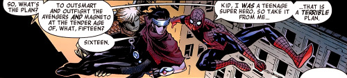 spidey-pool49: loisfreakinglane:  endless evidence that peter parker is most interesting as a former teen superhero defending and dispensing advice to current teen superheroes  Peter Parker is so precious  