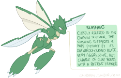 ohnoart:  this set was commissioned by ryanwasborntodance, who wanted to see scyther subspecies with different types of blades. scyther’s a surprisingly tricky pokemon to draw, but redesigning its shapes and structure was a lot of fun. if you want your