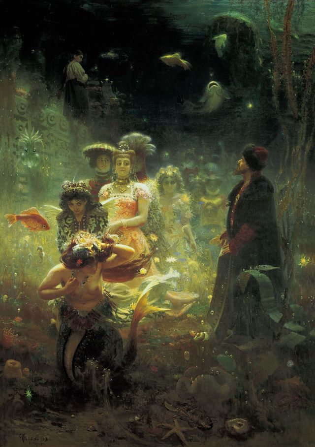 Sadko in the Underwater Kingdom (1876) by Ilya Repin (Russian Empire, 1844–1930). State Russian Museum, St. Petersburg. The Sea Tsar looks up at Sadko from his underwater kingdom. To achieve authenticity Repin studied the sea world, sketched sea-life and toured Crystal Palace in London. #Folklore#Mythology#Repin#Slavic#Merman#RussianArt#Mermaids#Sealife#Myth