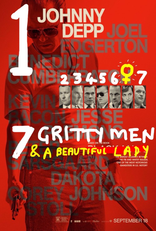 theladyattheback:  Poster: 7 Gritty Men & a Beautiful Lady  Title: Black Mass (2015)  I started a new blog.It looks at film posters.Have a see with your eyes x