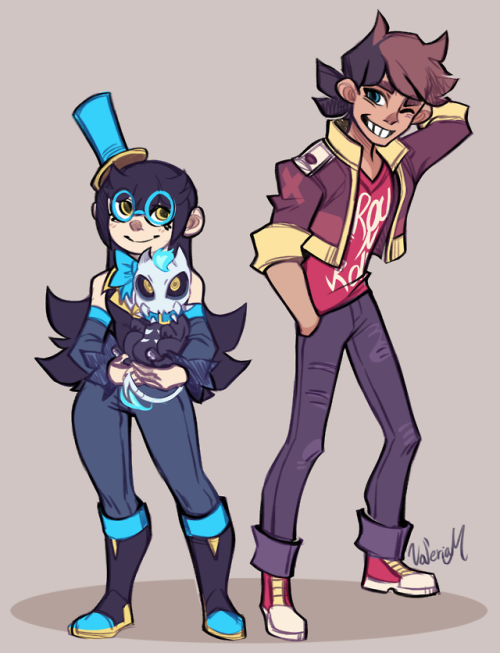 lunaartgallery:  Skully, (with her familiar Grim) and Dex, when they were teens. Skully and Dex didn’t really know each other in their younger years, but it’s cute to think of the possibilities. I am working on an animatic to tell their backstory,