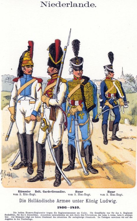 Cavalry of the Dutch army, 1806-1810, plate by R. KnotelFrom left to right:Trooper of the 2nd Cuiras