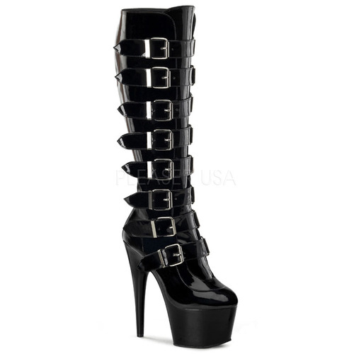 Super sexy knee high boots in black patent with 8 fantastic buckle straps for perfect fit, inner sid