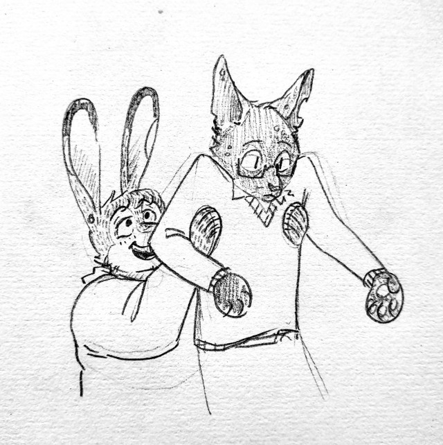 A pencil sketch of Martin as a humanoid hare, holding up Jon as a humanoid cat, seen from the chest up. Martin is smiling, holding Jon up at his armpits. He wears a hoodie. Jon looks a bit confused. He wears square glasses and a sweater, and his whiskers are crinkled.