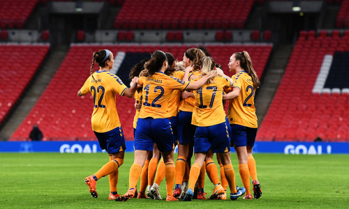 Valerie Gauvin of Everton celebrates after scoring the team&rsquo;s first goal during the Women&