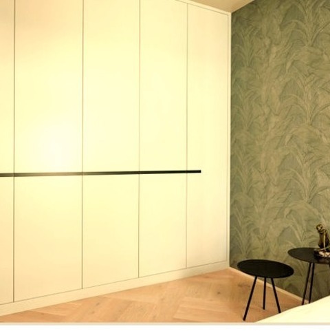 Bedroom Hamburg Mid-sized Contemporary Master Bedroom With Green Walls, A Beige Floor, And Light Wood
