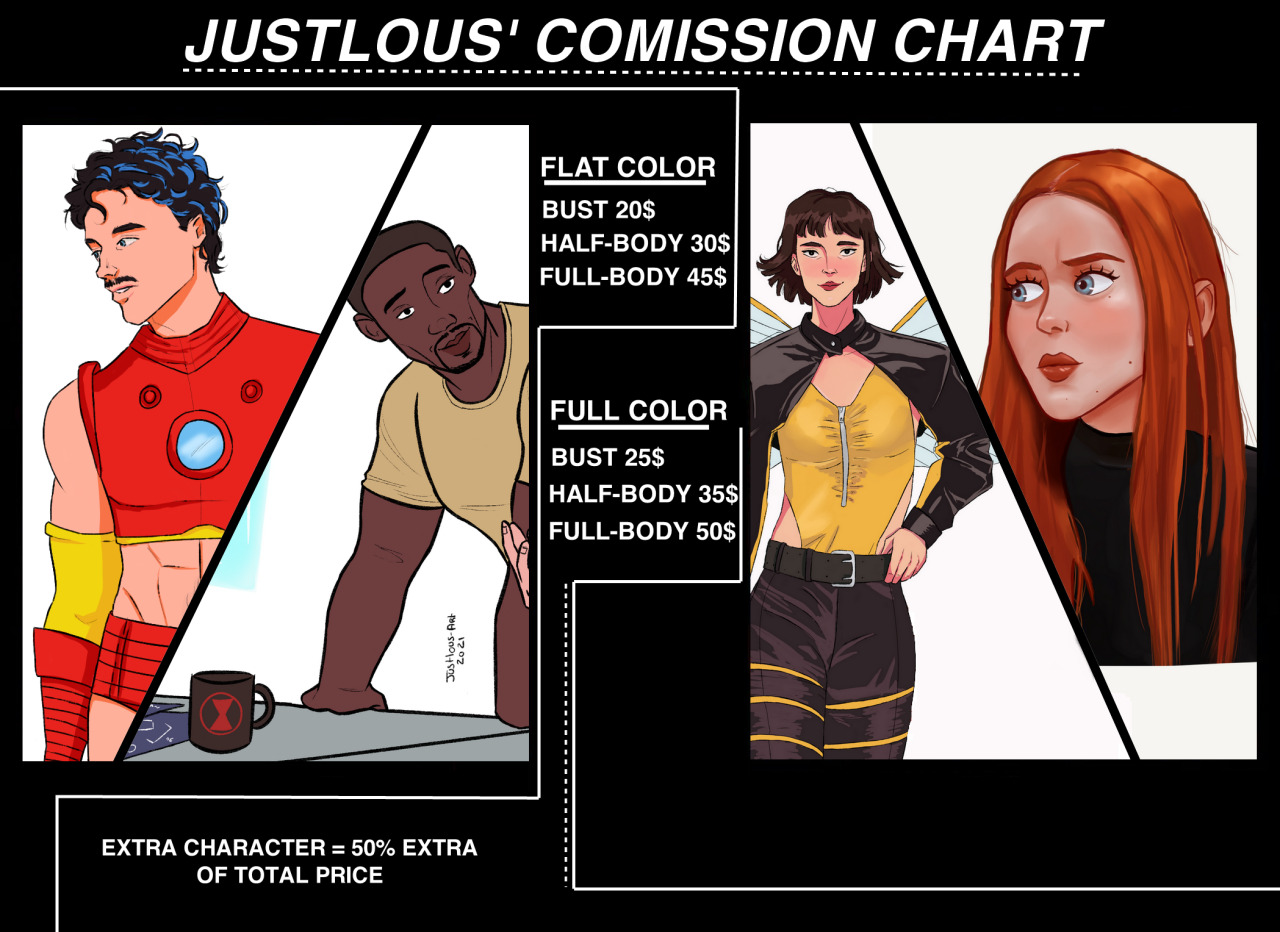 I FINALLY have free time so I decided to reopen my commissions but only 3 slots are disponible for now.For more commission details or if you’re interested, please click >>here>> I would appreciate any signal boosting to spread the word around! Thank you very much! :) #commissions open #artists on tumblr #commission chart#commissions#marvel#mcu#stevetony#tony stark #spy x family #sk8#heartstopper#bakuten #the dragon prince #rhodeytony#buckynat#sambucky#art commission