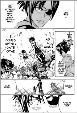 everyhourwounds:  Gintama 439 is out, but Mangahere is missing the most adorable Kyuubei/Otae page! (This goes between pages 16 and the current 17.) Translation is mine from Chinese. Sorry for any mistakes. 