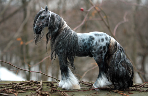 quequinoxart:  “Kismet” ooak appaloosa gypsy vanner horse sculpture. He is made from polymer clay over a wire and foil armature, and painted in acrylics. His hair is a blend of mohair.  He’s for sale on etsy! 