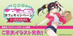 lovelivemj:  Late 2014 representative girlsOctober: Nico as μ’s Picnic GirlNovember: Umi as Lawson Image GirlDecember: Rin as Sega Staff Image Girl