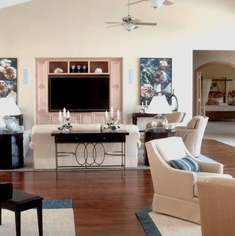 Living Room - Music RoomLarge Eclectic Open Concept Living Room With A Media Wall, Beige Walls, And A