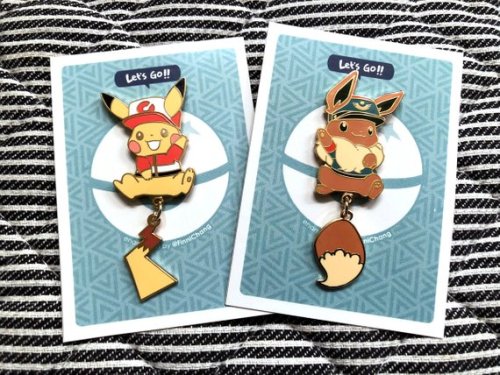 Store update!! → finnichang.etsy.comLet’s Go outfit inspired Pikachu and Eevee enamel pins with dang