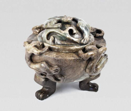 sadighgallery:Chinese Jade VesselMing Dynasty - 1300’s ADTwo-piece vessel with four baby drago