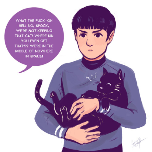 autistictranspock:neetols:Allow him[ID: two digital drawings of Spock, holding a black cat. The cat 