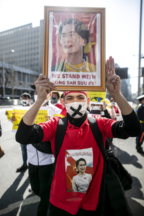 2021.2.14 Myanmar protesters gather in Shibuya, against military coup at home.photo : Shinta Yabe