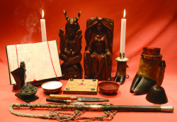 paganalia: Objects owned by Doreen Valiente on display as part of Folklore, Magic and Mysteries: Modern Witchcraft and Folk Culture in Britain. Includes Gerald Gardner’s original Book of Shadows (lower pic, rear center). “The collection represents