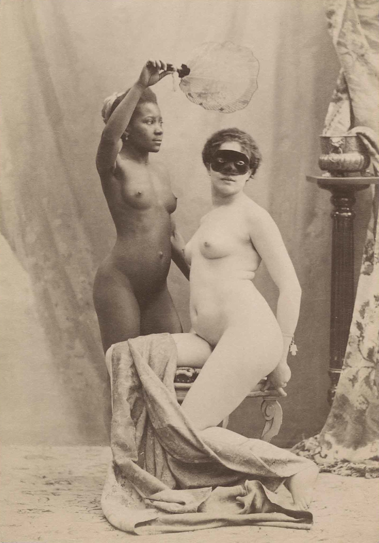 les-sources-du-nil:  Naked masked woman and her black servant.Â Anonymous, circa