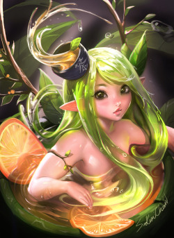 sakimichan:  Another original piece, I love green tea, so i thought it’d be fun to  create a character inspired by that :3 added the orange for the warm  tone.both version(psd/high res jpg+Video process)