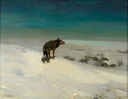 madness-and-gods:madness-and-gods:Some wonderful wolves paintings by Alfred Wierusz-Kowalski (Polish