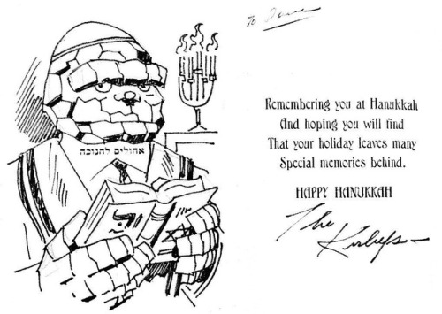 70sscifiart: Jack Kirby’s family Hanukkah card (1976) [Image ID: A personalized holiday card with te