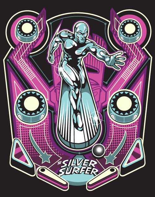 xombiedirge:  Marvel Pin Ball Series by Samuel “Sho” Ho / Blog / Tumblr T-shirts in assorted colors and sizes, available HERE, via WeLoveFine Direct to shirts: Iron Man / Captain America / Silver Surfer