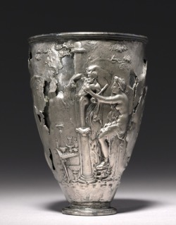 via-appia:  The Vicarello Goblet: woman at the shrine of the god Priapus, maenad and satyr dance ecstatically   Roman, late 1st Century BC - early 1st Century