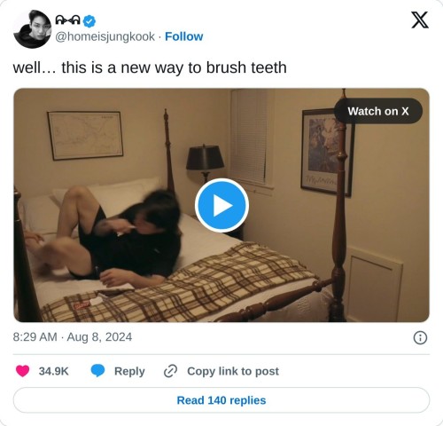 well… this is a new way to brush teeth pic.twitter.com/CGJdiiVrYg
— ᕱ⑅ᕱ (@homeisjungkook) August 8, 2024
