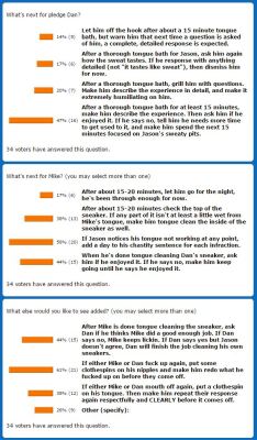 Story Saturday poll resultsThanks to all of you who voted in the Story Saturday poll this week to determine how Pledging the Frat will continue in chapter 5 this Saturday. The results of the vote are above.Some of you wrote in additional responses for